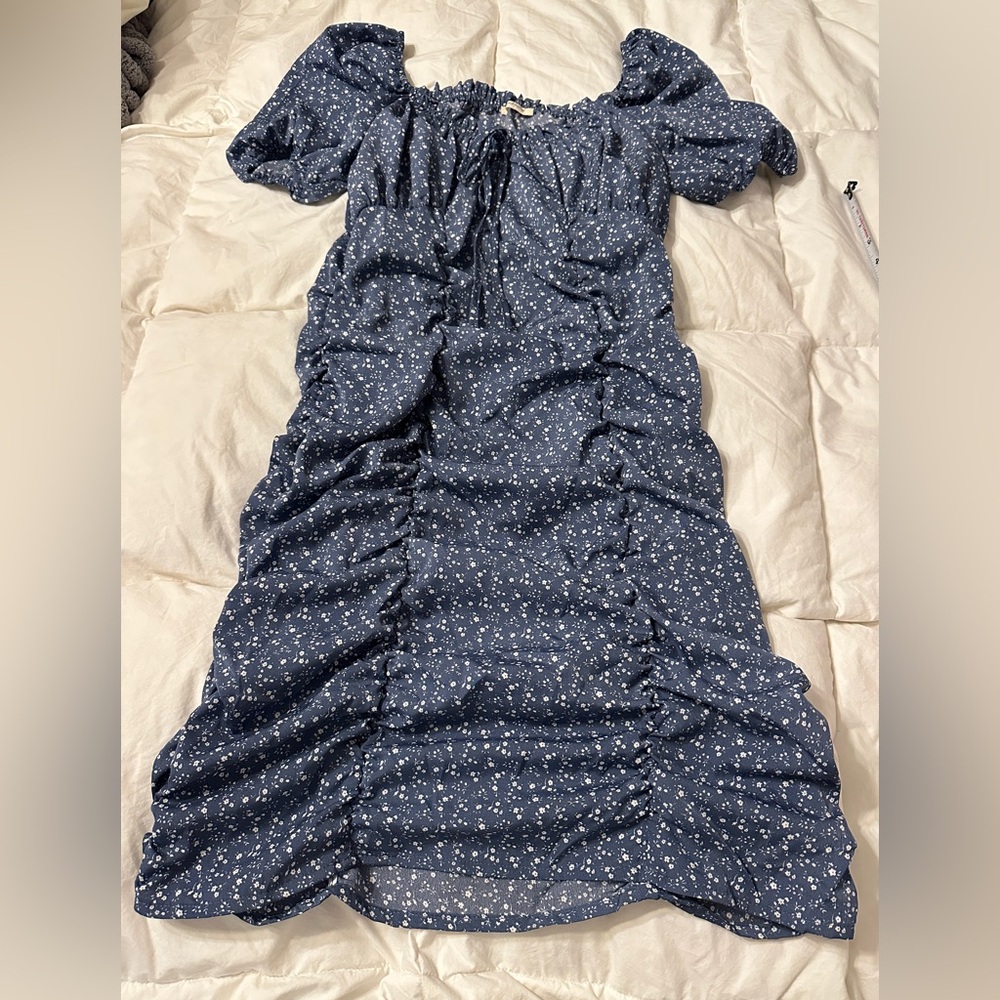 Sunday Up Blue Floral Ruched Puff Sleeve Women's Dress - NWOT - Size L - Picture 4 of 12